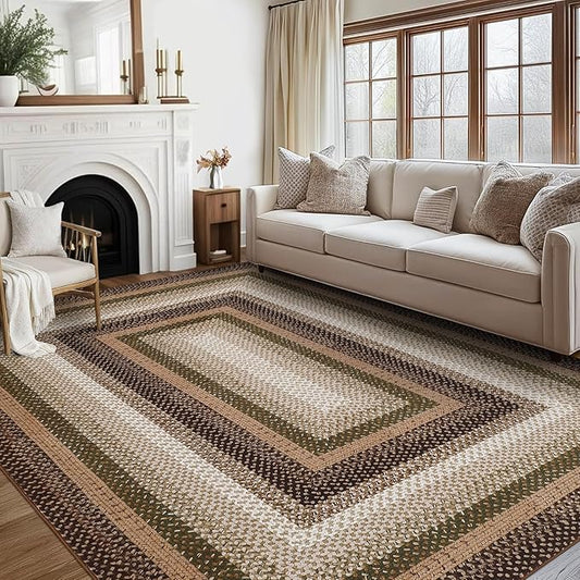 Imitation Braided Collection-Print Large Washable Area Rugs 8x10 Rugs for Living Room Non-Slip Soft Modern Bordered Accent Carpet, Farmhouse Low Pile Floor Mat for Bedroom, Dining Room