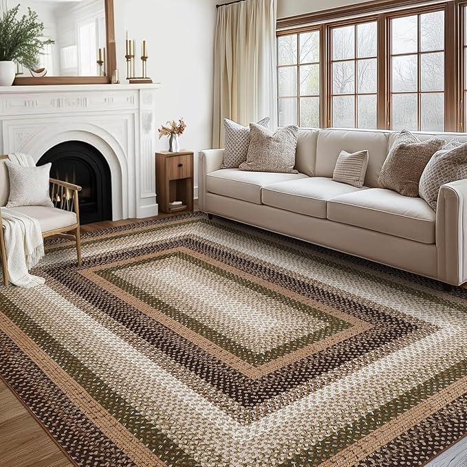 Imitation Braided Collection-Print Large Living Room Rugs 10x13 Washable Area Rug with Non-Slip Backing, Contemporary Bordered Accent Carpet, Farmhouse Low Pile Indoor Mat for Bedroom
