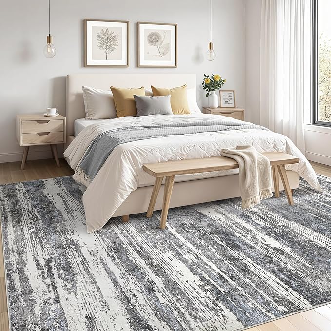 Area Rugs for Living Room: 6x9 Abstract Washable Rug Modern Neutral Large Soft Stain Resistant Non-Slip Backing Machine Table for Bedroom Dining Room Indoor Home Office Carpet - Navy/Grey