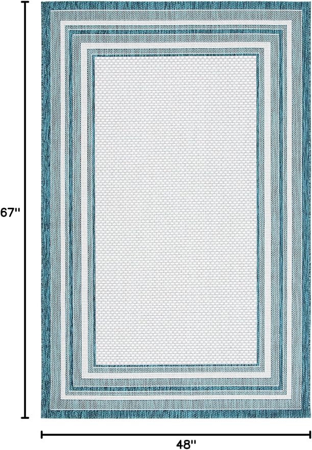 SAFAVIEH Courtyard Collection 4' x 5'7' Ivory / Teal CY8475 Indoor/ Outdoor Patio Backyard Mudroom Accent Rug
