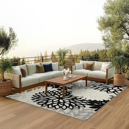 Nourison Aloha 114" x 156" Fabric Indoor/Outdoor Rug in Black/White Finish