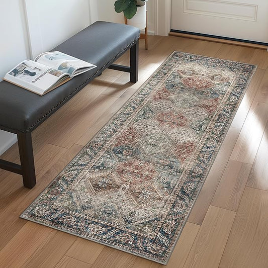 Bavni Clearance 2x5 Runner Rug Non Slip, Machine Washable Rug Runners for Hallways, Vintage Distressed Print Kitchen Runner, Low Pile Lightweight Carpet Runner for Entryway, Laundry, Bedroom, Red