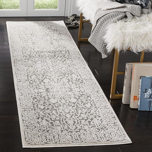 SAFAVIEH Reflection Collection Area Rug - 2'3" x 18' Runner, Dark Grey/Cream, Geometric Design, Ideal for High Traffic Areas in Living Room, Bedroom, Dining (RFT670B)