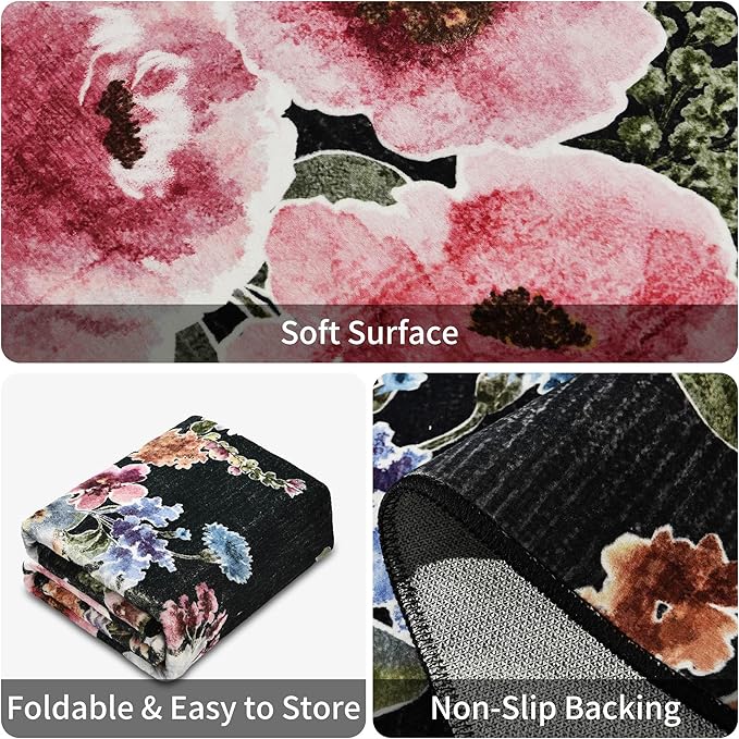 Bedroom Rug 3x5 Washable Rug Non-Slip Boho Floral Area Rug Low Pile Small Carpet for Bedroom Bedside, Entryway, Kitchen, Home Office, College Dorm Girls Room (Black)