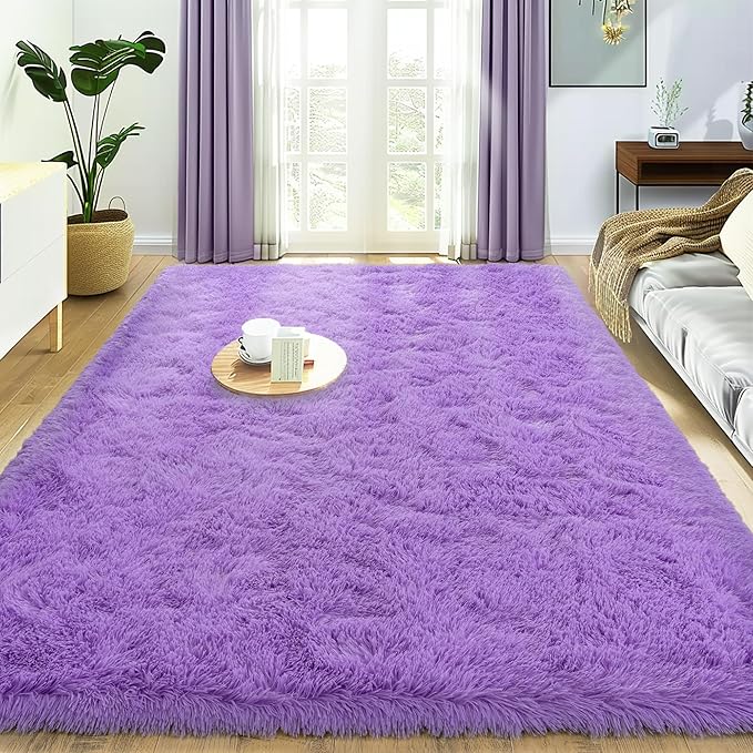Ultra Fluffy Area Rugs for Living Room Bedroom, 6x9 Fuzzy Large Living Room Rugs, Thick Shag Rug for Dorm, Soft Non Slip Kids Girls Boys Rug for Home Decor Aesthetic, Purple