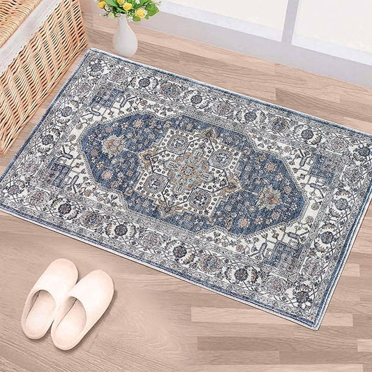 Vintage Area Rug, 2x3 Washable Rugs for Living Room Bedroom Entryway Indoor Door mat, Distressed Boho Country Accent Rugs, Thin Low-Pile Floor Carpet for Kids Pet (Navy/Grey)