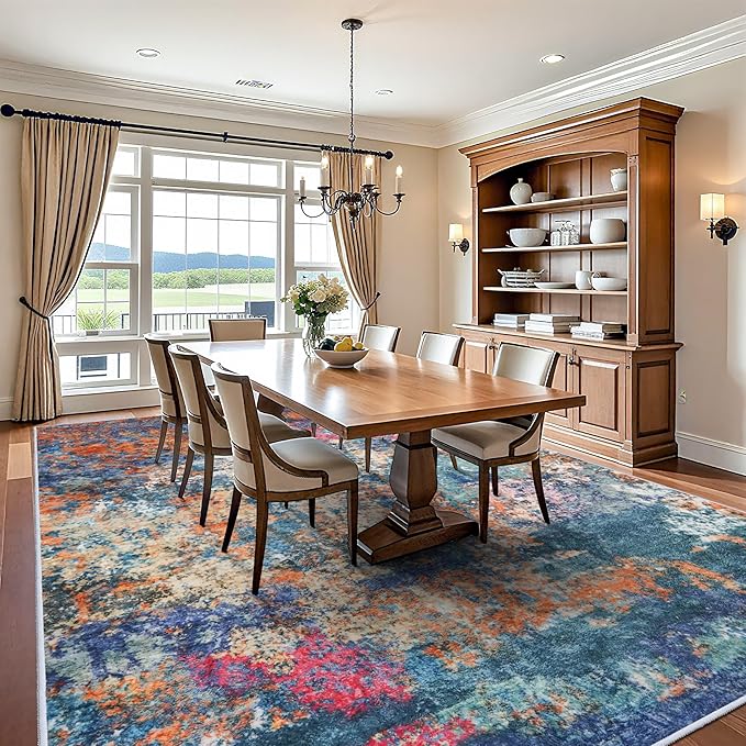 Washable 12x15 Area Rug Abstract - Large Soft Rugs for Living Room Modern Colorful Indoor Mat Non Slip Low Pile Carpet for Bedroom Stain Resistant Thin Floor Mats for Dining Room 12x15 Colorful/Multi