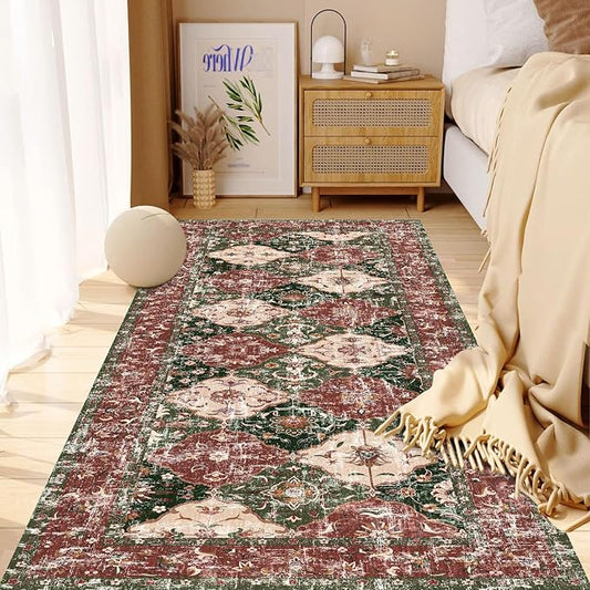 Boho Vintage Area Rugs 2×6 Washable Non-Slip Traditional Red and Green Runner Rug for Hallway Kitchen Entryway