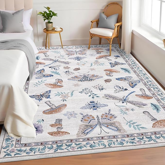 Washable Rug 5x7 Area Rugs for Living Room, Mushroom Insect Rug for Bedroom, 5x7 Rug Non Slip Throw Rugs with Rubber Back, Low Pile Stain Resistant Modern Carpet for Dining Room Dorm,Beige