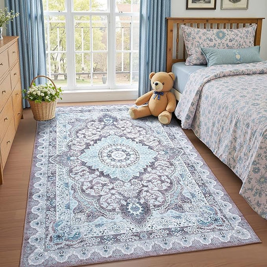 3x5 Area Rug for Bedroom, Machine Washable Rugs with Non-Slip Backing for Living Room, Soft Vintage Carpet Kitchen Laundry Kids Room Decor, Blue & Brown