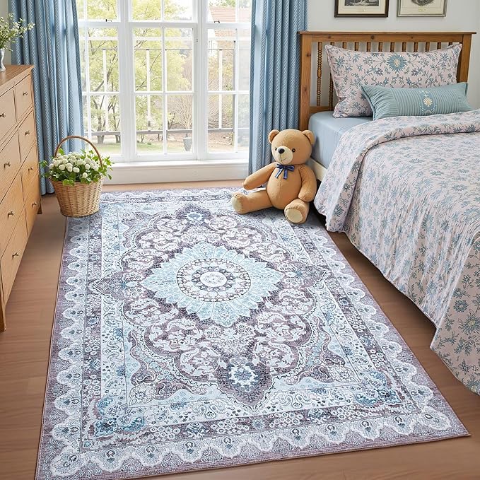 4x6 Area Rug for Bedroom, Machine Washable Rugs with Non-Slip Backing for Living Room, Soft Vintage Carpet Kitchen Laundry Kids Room Decor, Blue & Brown