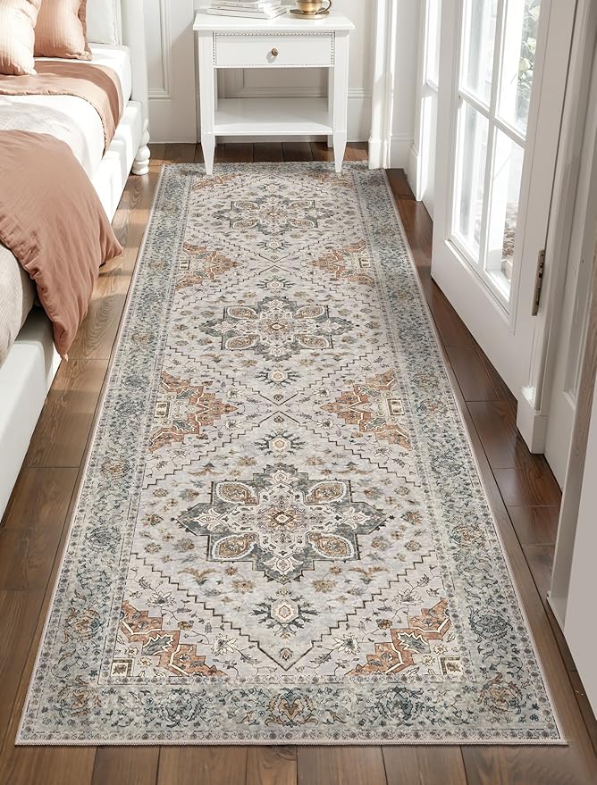 2.6x8 Washable Runner Rug for Hallways, Non Slip Vintage Runner Rugs, Soft Low Pile Long Rugs Print Distressed Taupe Carpet Runners for Kitchen Bedroom Entryway Bathroom Living Room