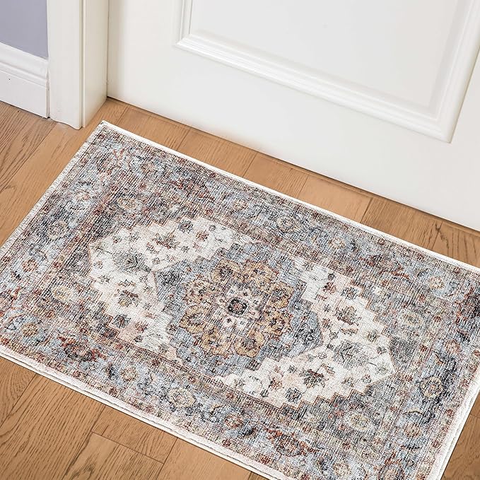 2x3 Machine Washable Area Rugs Boho Vintage Design Rug for Living Room, Bedroom, Kitchen, Soft Non-Slip Indoor Rug, Tawny/Aqua-Print Design