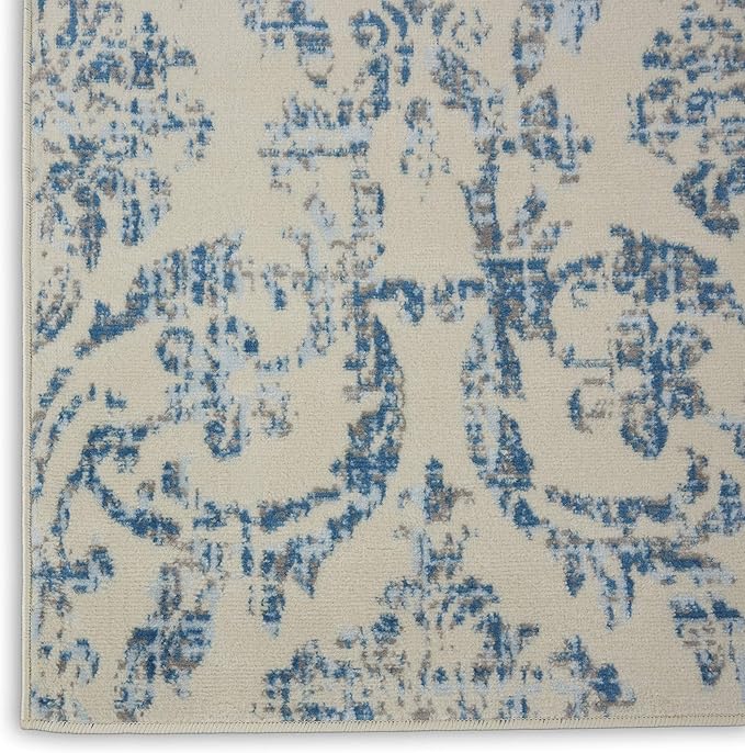 Nourison Jubilant Damask Ivory/Blue 8'6" x 12' Area Rug, Easy Clean, Non Shedding, Bedroom, Living Room, Dining Room, Kitchen