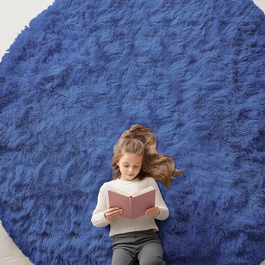 OLANLY Navy Blue Round Rugs for Bedroom - Machine Washable, 9x9 Feet Circle Area Rugs for Living Room, Soft and Fluffy Shaggy Carpet for Teen Girls and Boys, Nursery Rooms, Dorms, Home Decor Aesthetic