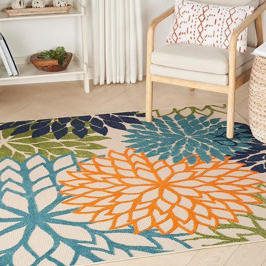 Nourison Aloha Indoor/Outdoor Multicolor 5'3" x 5'3"Square Area Rug, Tropical, Botanical, Easy Cleaning, Non Shedding, Bed Room, Living Room, Dining Room, Deck, Backyard, Patio (5 Square)