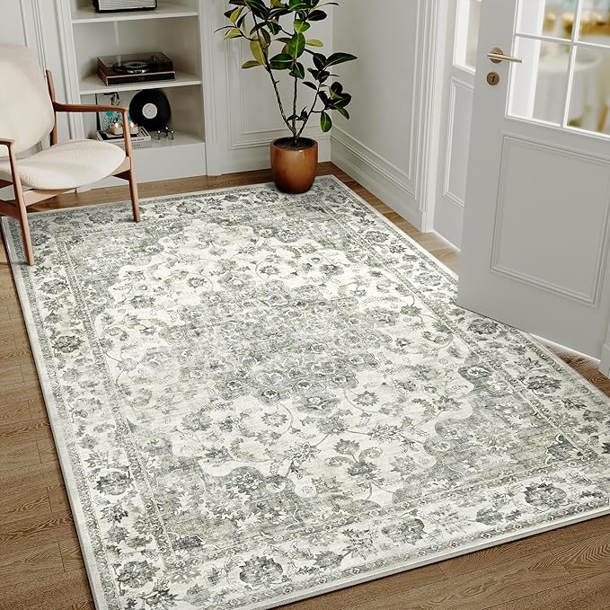5x7 Washable Neutral Area Rug Green Floral Living Room Bedroom Carpet Non-Slip Low Pile Vintage Soft Thin Throw Rug for Dining Room Entryway Dorm Office Kitchen Bathroom