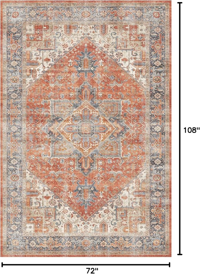 Dripex 6x9 Area Rugs, Machine Washable Non Slip Distressed Boho Rugs, Area Rug for Living Room, No Pile Lightweight Vintage Rug, Soft Accent Carpet for Dining Room,Bedroom,Orange