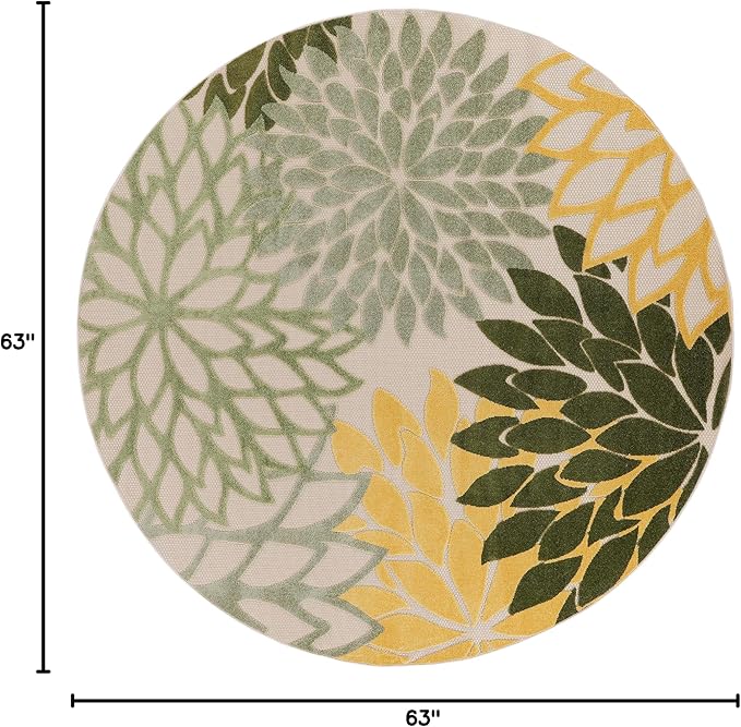 Nourison Aloha Indoor/Outdoor Green Multicolor 5'3" x Round Area Rug, Easy Cleaning, Non-Shedding, Bed Room, Living Room, Dining Room, Backyard, Patio, Deck (5 Round)