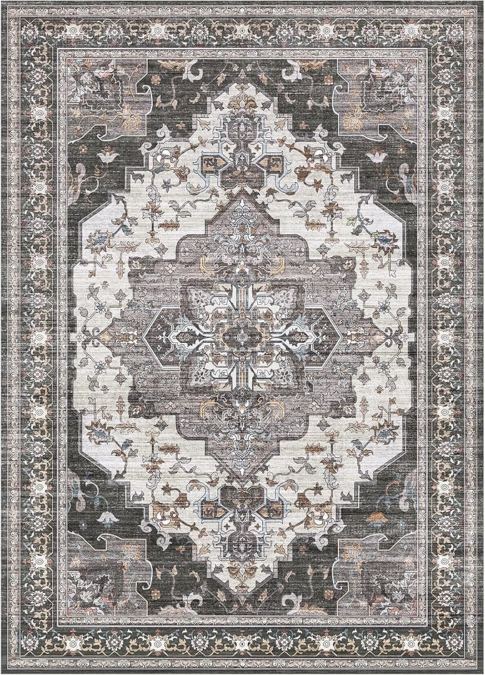 Area Rugs for Living Room 9x12 Machine Washable Rug, Boho Vintage Retro Large Floral Medallion Carpet for Bedroom Dining Room, Low Pile Lightweight Thin Non Slip Rug，Dark Grey