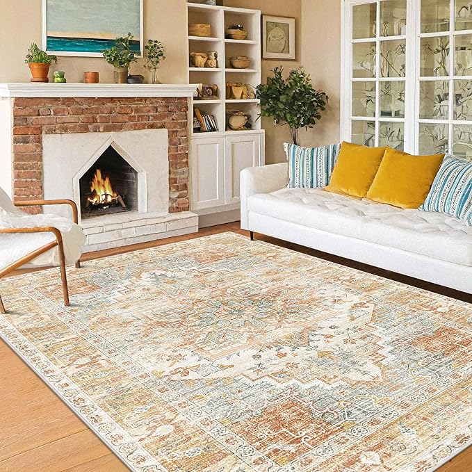 Kokia Washable Area Rugs 8x10 Living Room Boho Non Slip Thin Carpet Stain Resistant Vintage Orange Printed Oriental Distressed Rug for Bedroom Low Pile