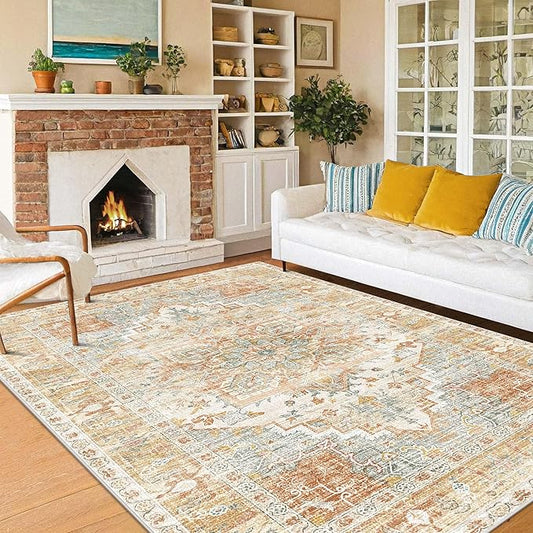 Kokia Washable Area Rugs 8x10 Living Room Boho Non Slip Thin Carpet Stain Resistant Vintage Orange Printed Oriental Distressed Rug for Bedroom Low Pile