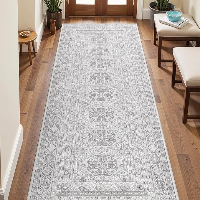 3x8 Runner Rug Kitchen Washable: Oriental Indoor Hallway Runners with Non Slip Backing Floor Mat for Entryway Door Low Pile Thin Carpet for Bedroom Bathroom Living Room Bedside Grey