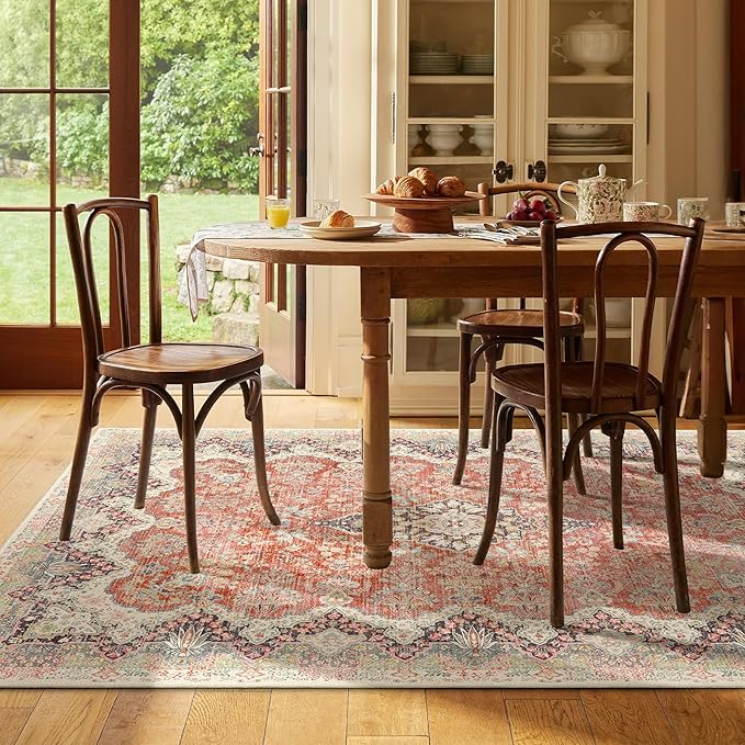 Boho Rug 3x5 Area Rugs, Washable Vintage Rug for Bedroom Living Room Kitchen Office Laundry Room, Non Slip Small Soft Rugs Retro Distressed Floor Carpet, Red Grey