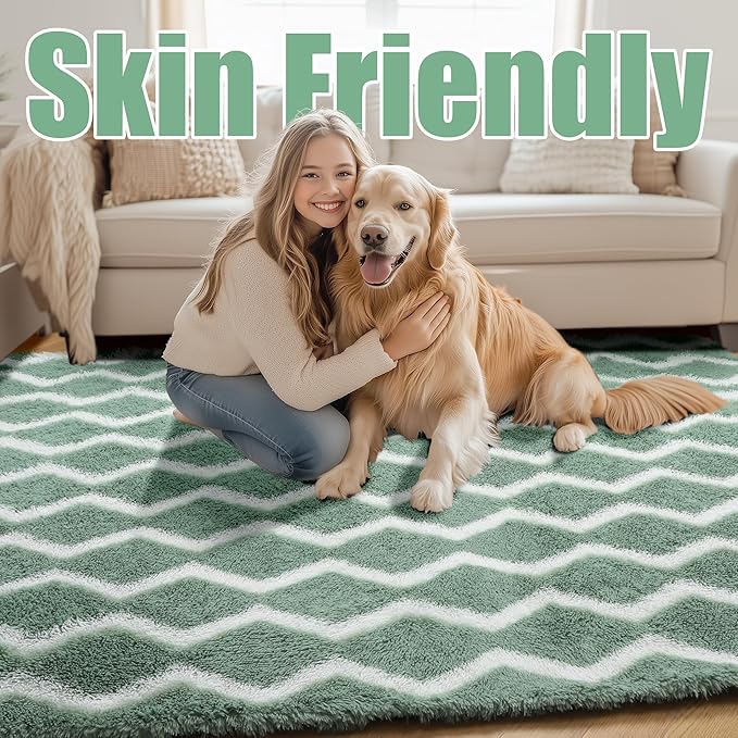 RUGTUDER Soft Shaggy Rugs for Bedroom, Washable 4x6 Fluffy Chevron Rug for Living Room, Non-Slip Plush Floor Striped Rug for Girls Kids Room Teens Dorm Nursery Classroom Playrom, Sage Green and White