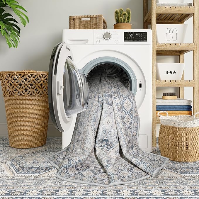 5x7 Area Rugs for Living Room:Washable Oriental Rug for Bedroom Dining Room Carpet 5 by 7 Indoor Non Slip Rubber Backing Neutral Nursery Dorm Home Office Kids 5X7 Blue