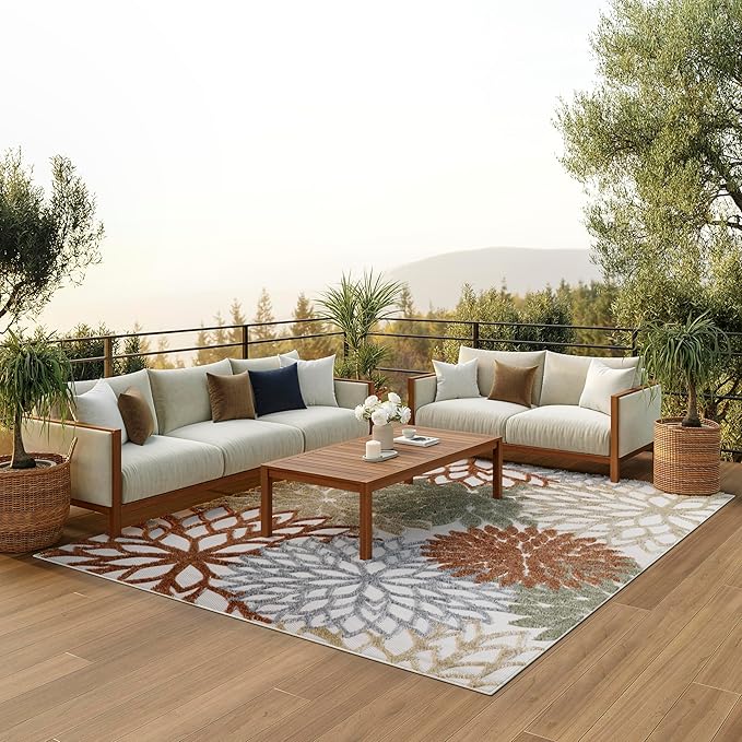 Nourison Aloha Indoor-Outdoor Ivory Multicolor 7'10" x 10'6" Area Rug, Easy Cleaning, Non Shedding, Bed Room, Living Room, Dining Room, Backyard, Deck, Patio (8x11)