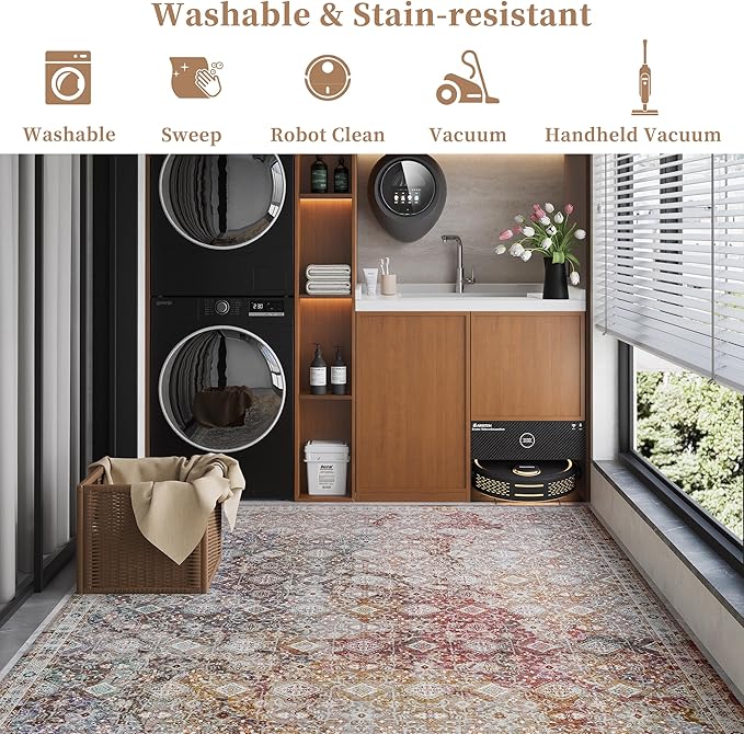 9x12 Rug, Washable Neutral Boho Modern Vintage Non Slip Floral Area Carpet, Low Pile Soft Rugs, Slip Resistance, Pet-Friendly, Durable Rug for Living Room, Bedroom, Kitchen, Dining Room