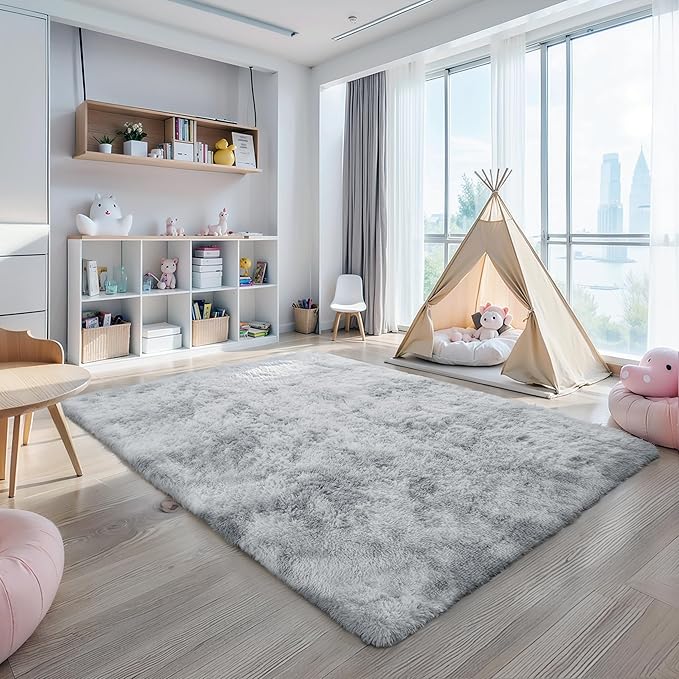 6x9 Light Grey Fluffy Shag Area Rug for Bedroom, Soft Plush Fuzzy Washable Non Slip Carpet for Living Room, Modern Comfy Furry Shaggy Large Rug for Kids Baby Boys Nursery Dorm, Tie-Dye Gray