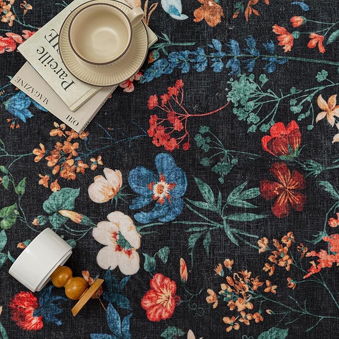 Black Area Rug 8x10 Floral Washable Living Room Kitchen Boho Carpet Non Slip Low Pile Indoor Accent Lightweight Soft Throw Rug for Bedroom Office Dining Room Nursery Farmhouse