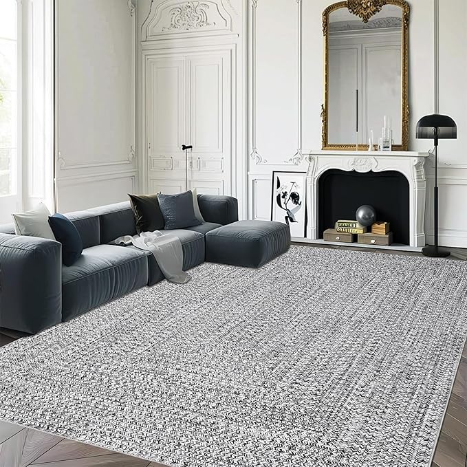 Washable Area Rugs 9x12 Living Room Modern Rugs for Bedroom Grey Rug Imitation Braided Soft Large Area Rug Non Slip Throw Rugs Stain Resistant Carpet for Nursery Dining Room 9'x12' Light Grey