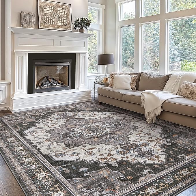 Area Rugs for Living Room 9x12 Machine Washable Rug, Boho Vintage Retro Large Floral Medallion Carpet for Bedroom Dining Room, Low Pile Lightweight Thin Non Slip Rug，Dark Grey
