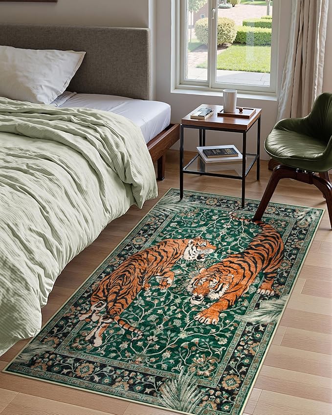 Moynesa Tiger 3x5 Washable Rug, Boho Area Rugs for Entryway, Green Non Slip Small Rug for Bedroom, Ultra Thin Botanical Soft Accent Carpet for Kitchen Entry Laundry Room