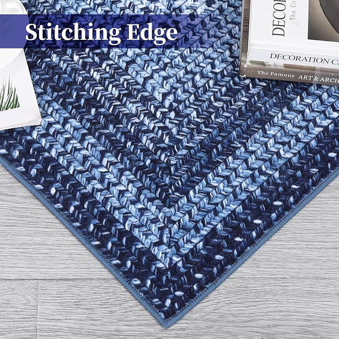 Washable Area Rugs 4x6 Rug for Living Room Indoor Mats for Entryway Soft Bedroom Rug Non Slip Modern Braided Print Area Rug Farmhouse Throw Rugs Low Pile Stain Resistant Carpet 4'x6' Navy Blue