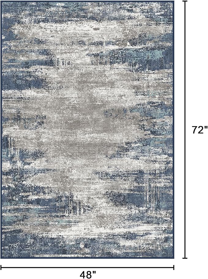 Bavni Area Rugs, Machine Washable Bedroom Rug, Abstrcat 4x6 Rug Non-Slip Rubberback, Modern Soft Foldable Rugs for Bedroom, Laundry, Office, Blue/Ivory