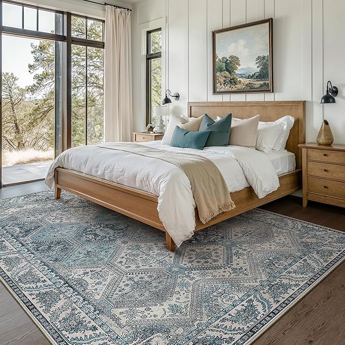 Bavni 6x9 Area Rugs for Living Room, Machine Washable Rug Non Slip, Vintage Chenille Distressed Print Carpet, Large Low Pile Ultra-Thin Lightweight Rugs for Bedroom, Dining Room, Home, Office, Blue