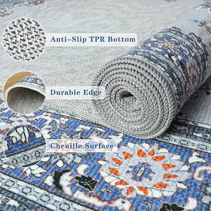 Tepook 2x6 Runner Rug for Hallway, Low Pile Washable Kitchen Rugs Runner Carpet, Non-Slip Vintage Indoor Throw Rugs for Bedroom Entryway Laundry Room Bedside Bathroom - Blue/Grey