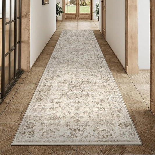 2x10 Washable Neutral Runner Rug Beige Hallway Kitchen Non-Slip Low Pile Floral Carpet Vintage Soft Thin Throw Rug for Bathroom Bedroom Entryway Laundry Dining Room