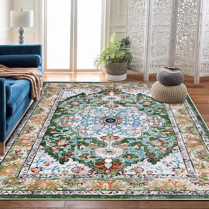 U'Artlines Boho Vintage Area Rug 4x6 Machine Washable Low Pile Soft Floor Carpet Non Slip Non Shedding Accent Rug for Living Room Bedroom Entryway Dining Room Office Green