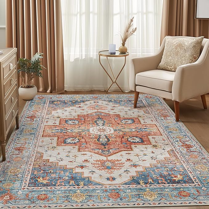 8X10 Area Rugs Machine Washable Rugs for Living Room, Vintage Boho Large Rugs for Bedroom Dining Room, Non Slip Indoor Soft Distressed Lightweight Thin Low Pile Carpet, Blue Beige Orange