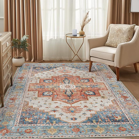 8X10 Area Rugs Machine Washable Rugs for Living Room, Vintage Boho Large Rugs for Bedroom Dining Room, Non Slip Indoor Soft Distressed Lightweight Thin Low Pile Carpet, Blue Beige Orange