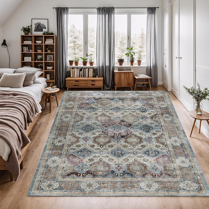 Washable Rugs 4x6 Distressed Vintage Boho Rug, Ultra-Thin Vintage Throw Rugs Washable for Nursewry Room Entryway Office Campe