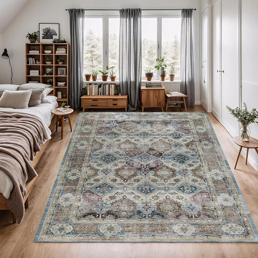 Washable Rugs 4x6 Distressed Vintage Boho Rug, Ultra-Thin Vintage Throw Rugs Washable for Nursewry Room Entryway Office Campe