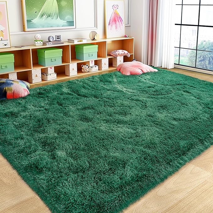 Ultra Fluffy Rug for Living Room Bedroom, 5x7 Fuzzy Large Area Rug for Living Room, Plush Soft Shag Carpet for Girl Boy Kids, Non Slip Rug Modern Indoor Home Decor Aesthetic, Dark Green