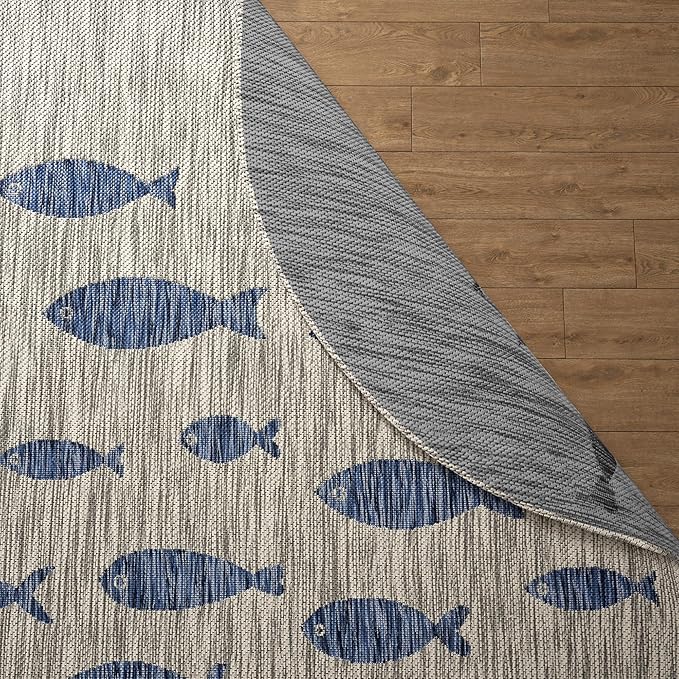LR Home 5ft Round Indoor/Outdoor Area Rug for Home Decor | Coastal School of Fish Large Size Carpet for Living Room, Bedroom, Playroom, Patio, Garden | Nautical Farmhouse Rug | Gray/Navy
