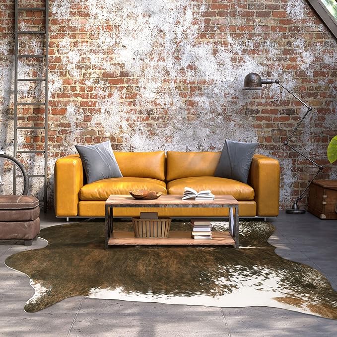 BENRON Faux Cowhide Rug, Western Cow Hide Rugs for Living Room Bedroom Home Decor, Non Slip Cute Rug with Irregular Animal Skins and Hides, Olive Green, 5.2 x 6.2ft
